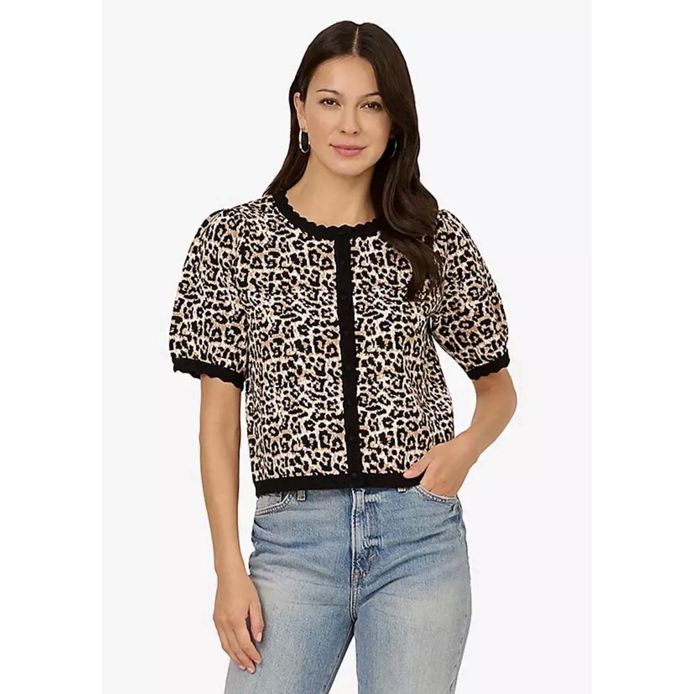 NWT Adrianna Papell Animal Print Short Sleeve Cardigan Sweater Large Leopard